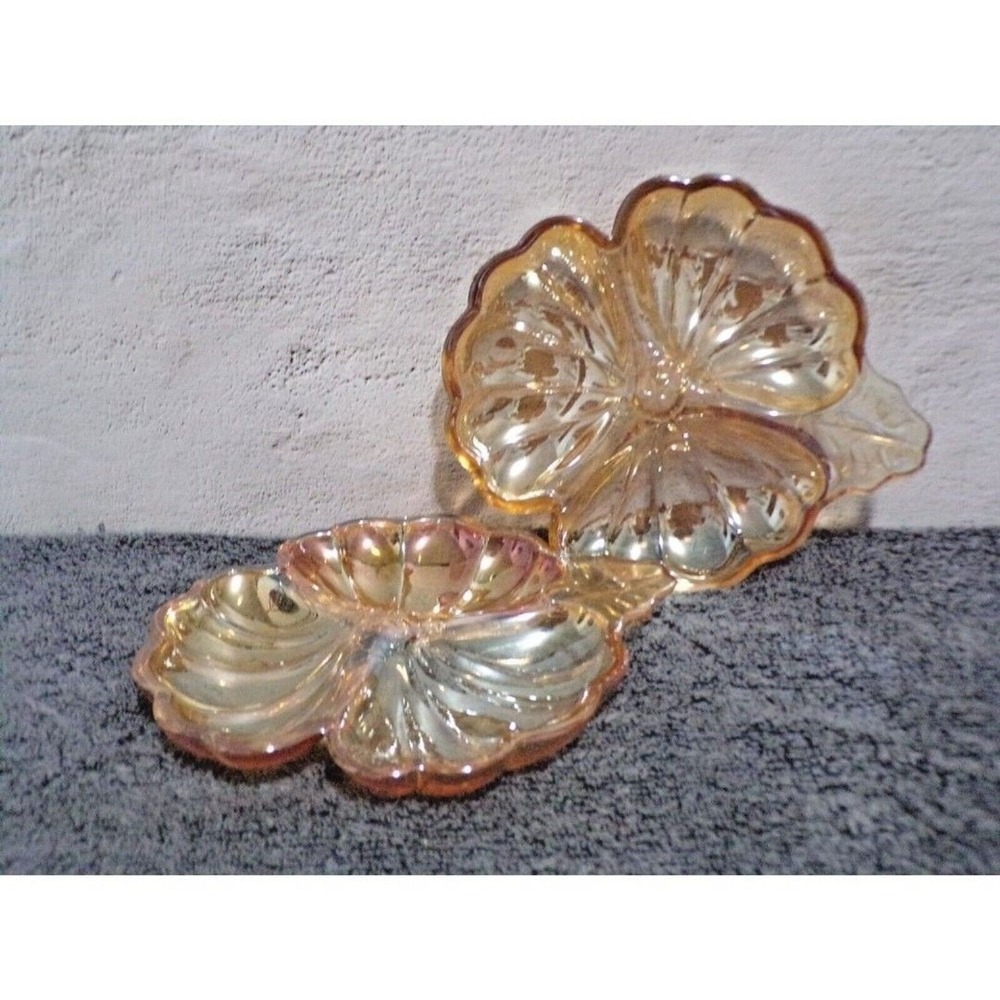 Vintage Amber Iridescent Carnival Glass 3 Part Flower Candy Dish Set of 2